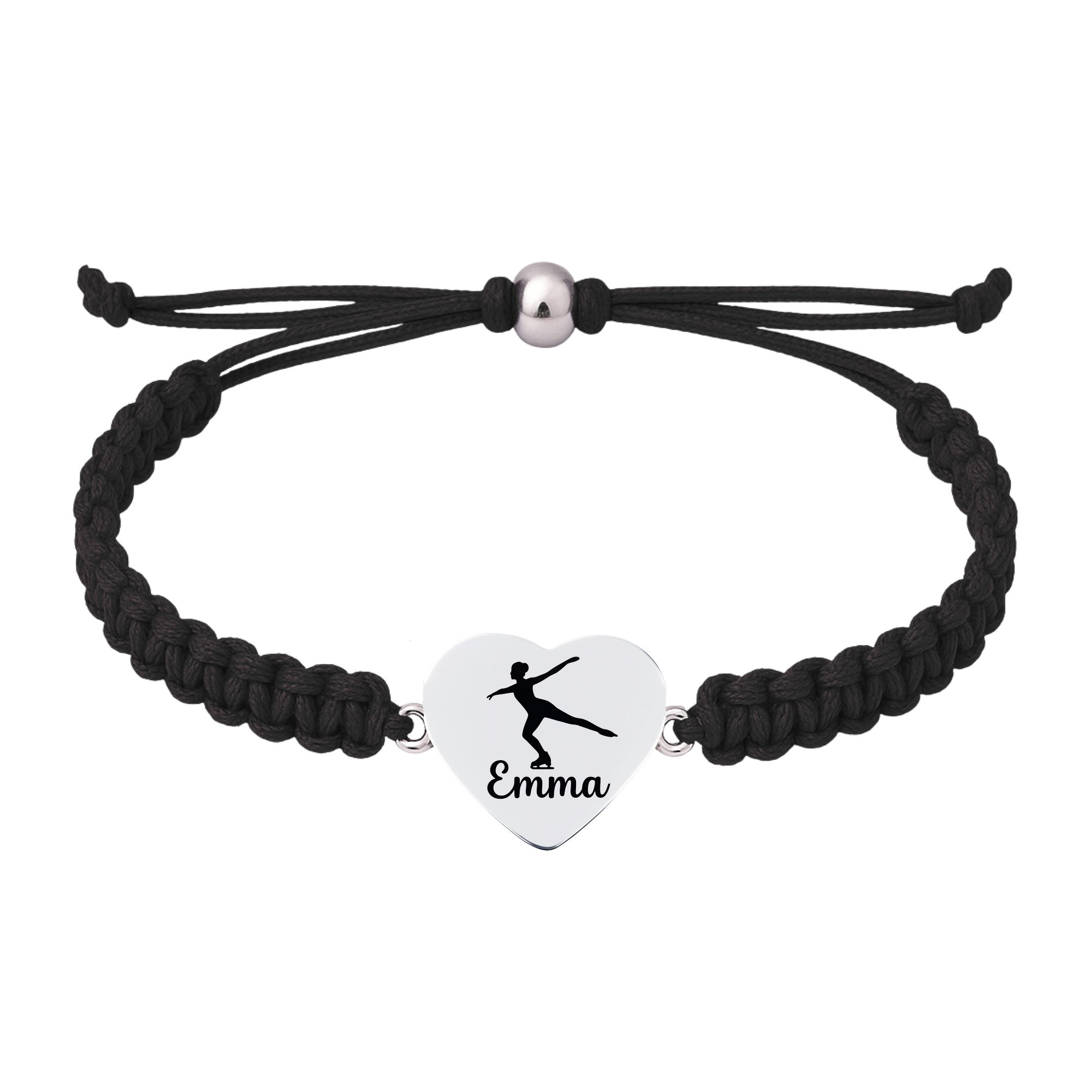 Black and white rope bracelet with stainless steel heart charm showing skater shoe design