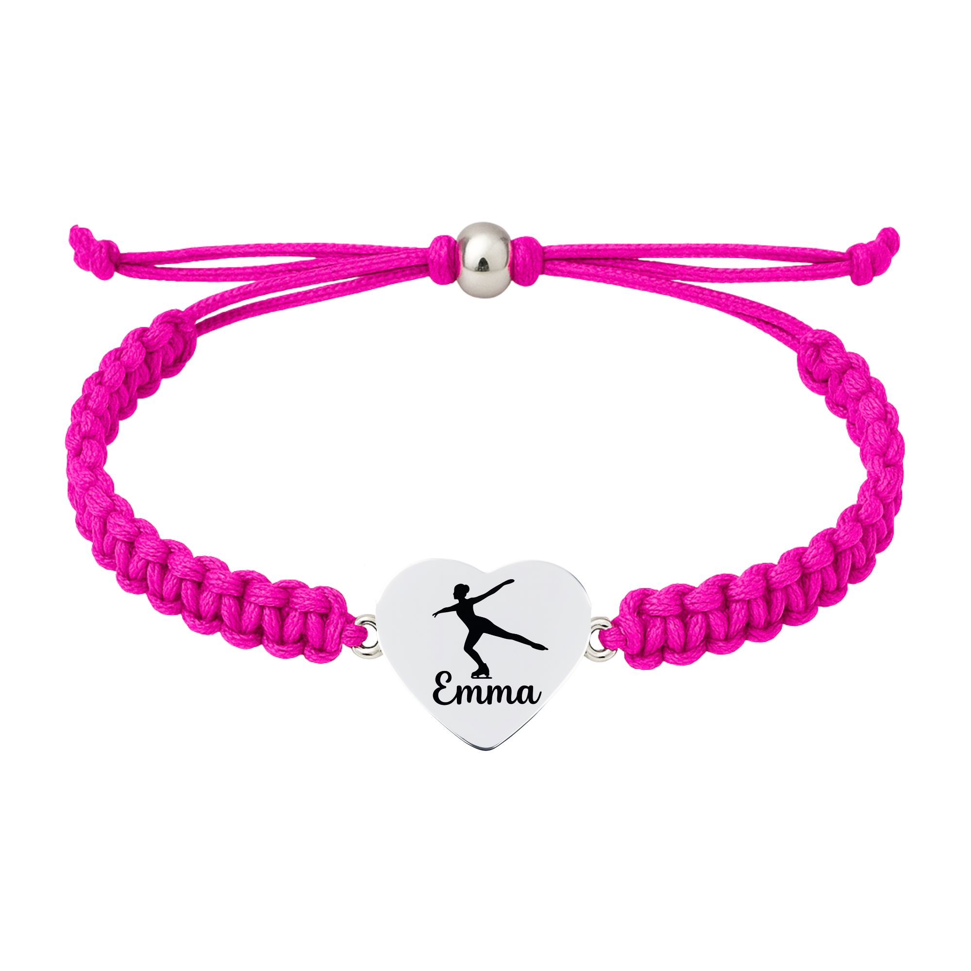 Hot pink bracelet with engraved heart charm showing skate shoe and name