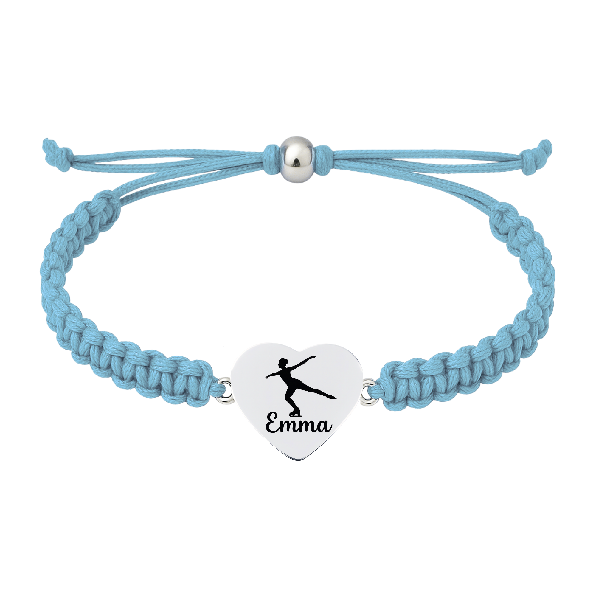 Light blue bracelet featuring stainless steel heart charm engraved with skate shoe