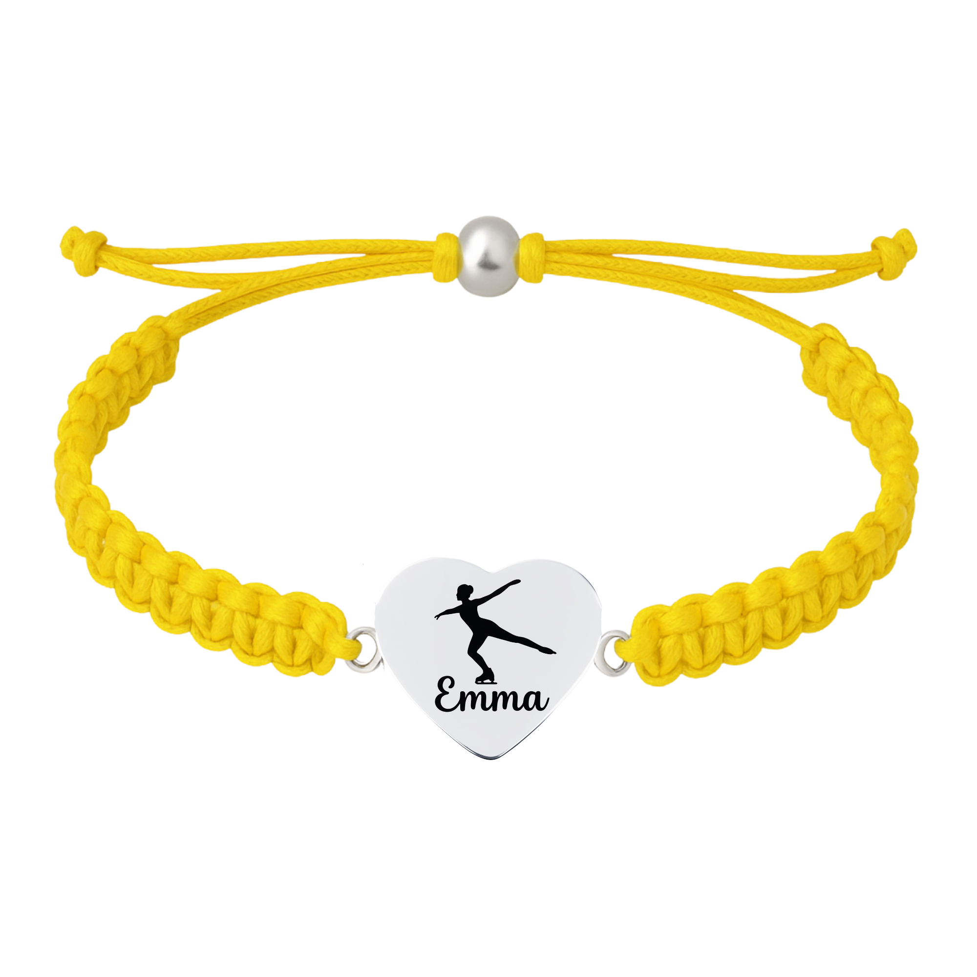 Yellow rope bracelet with engraved skate shoe heart charm