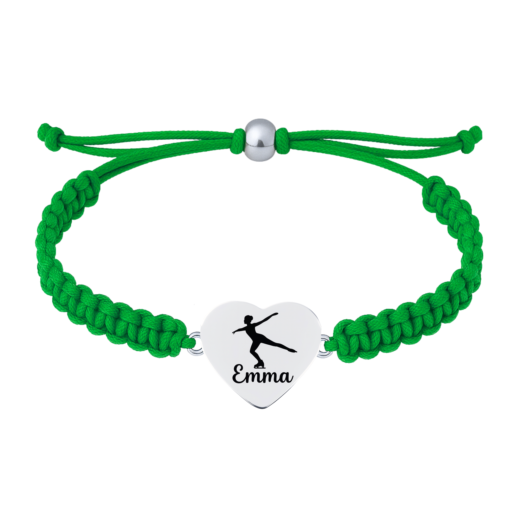 Green bracelet with stainless steel charm engraved with skater symbol