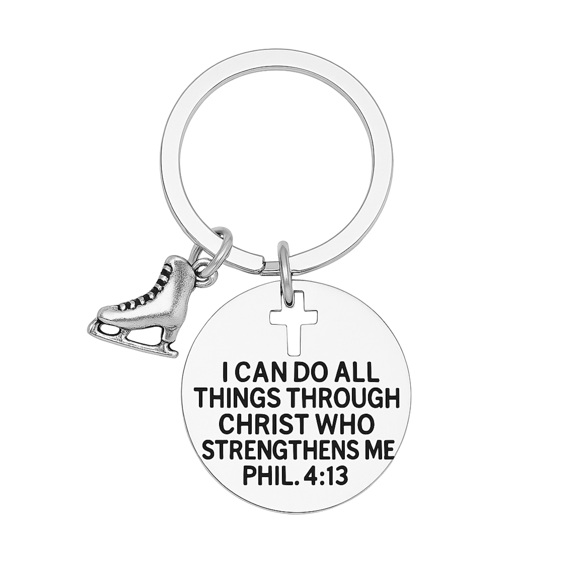 Silver-plated figure skating keychain with engraved Philippians 4:13 Bible verse and ice skate charm