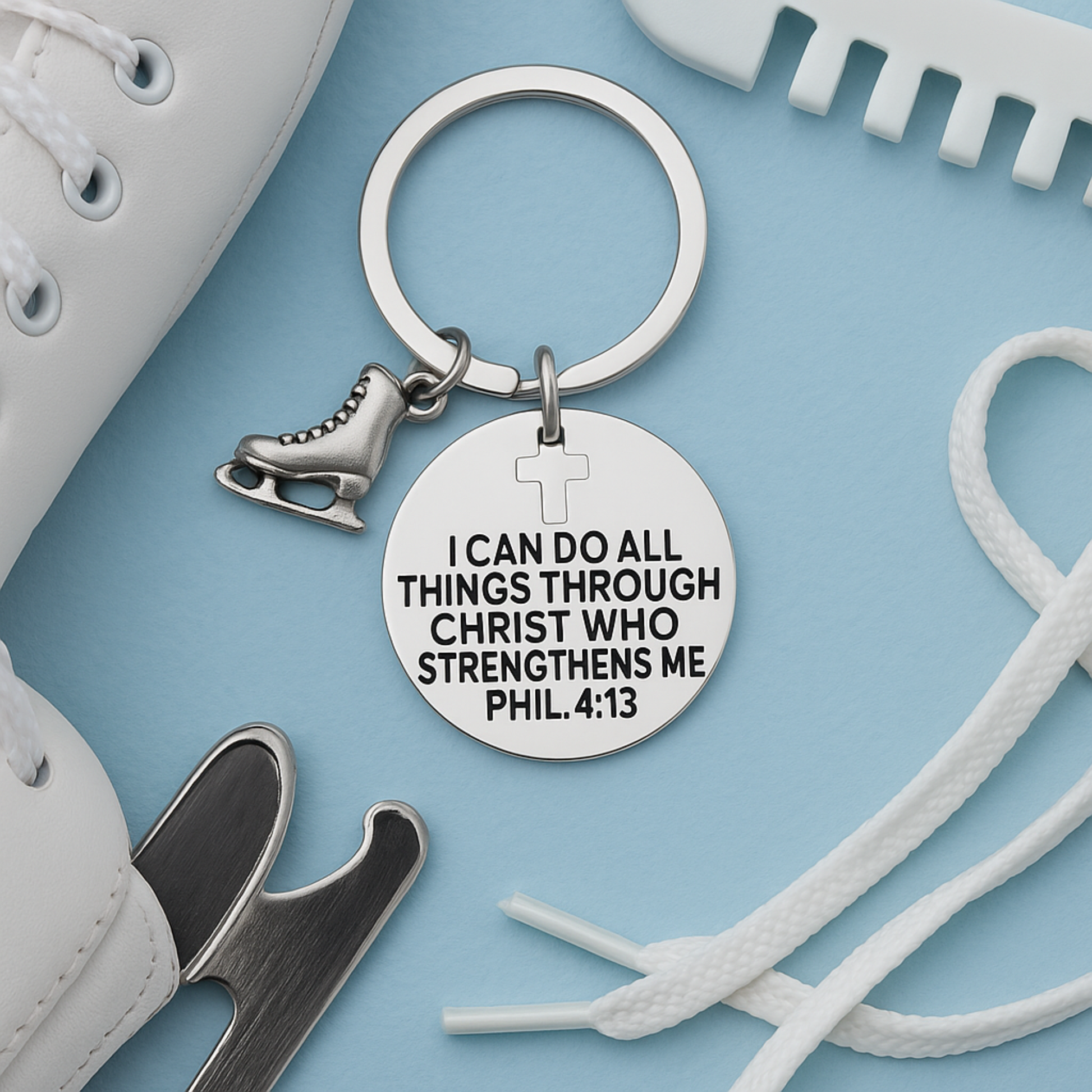 Christian inspirational figure skating keychain with cross charm and engraved scripture quote on blue backdrop