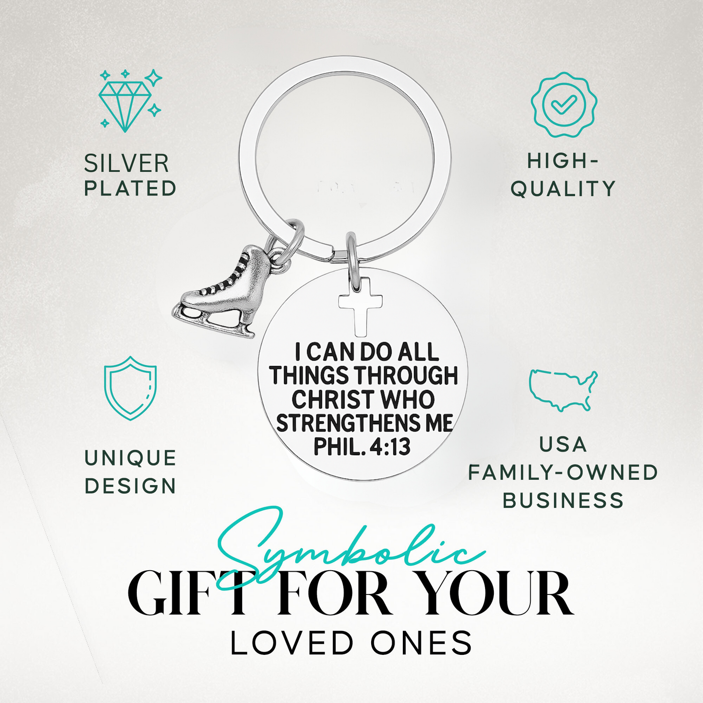 Figure skating faith-based keychain with engraved Bible verse in gift-ready packaging