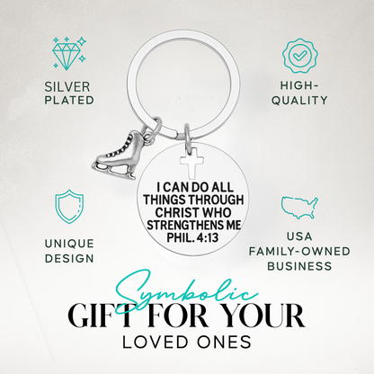 Figure skating faith-based keychain with engraved Bible verse in gift-ready packaging