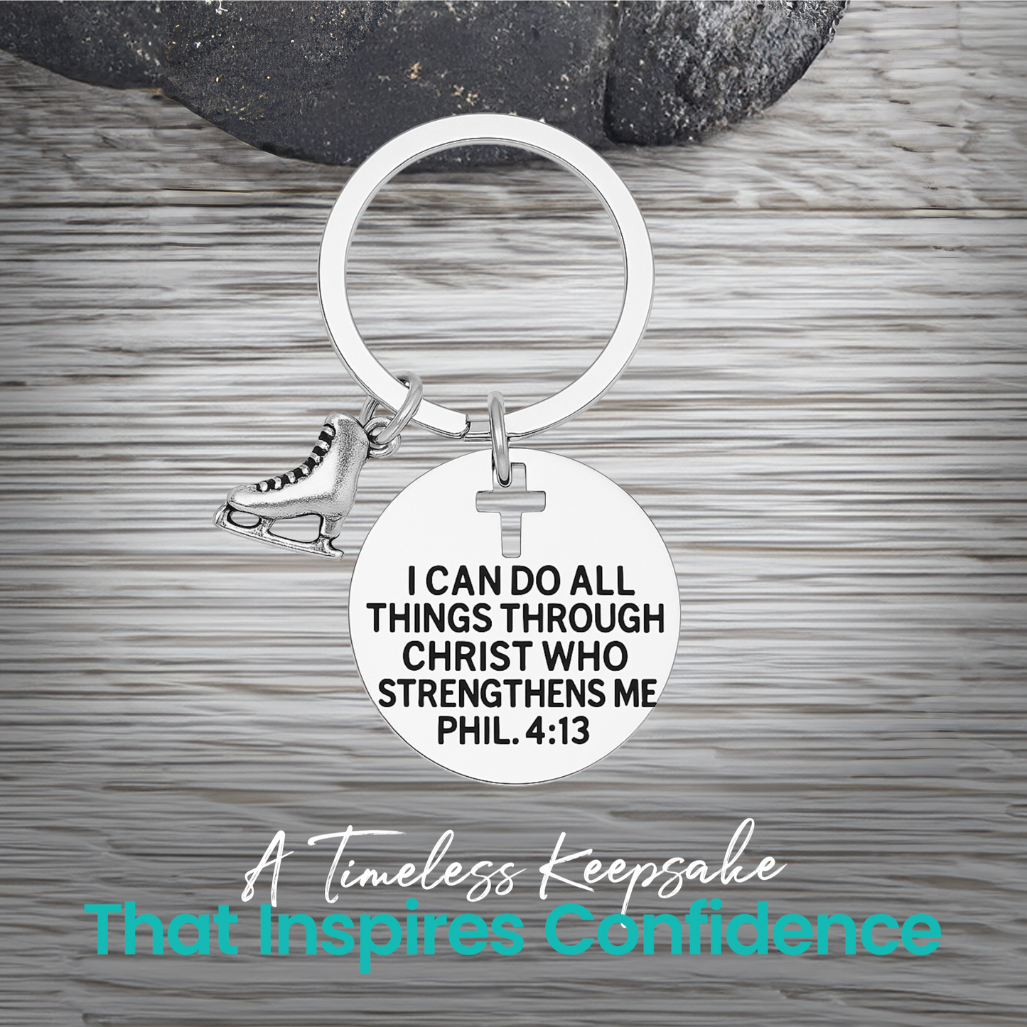 Inspirational Christian figure skating keychain with silver ice skate charm and cross