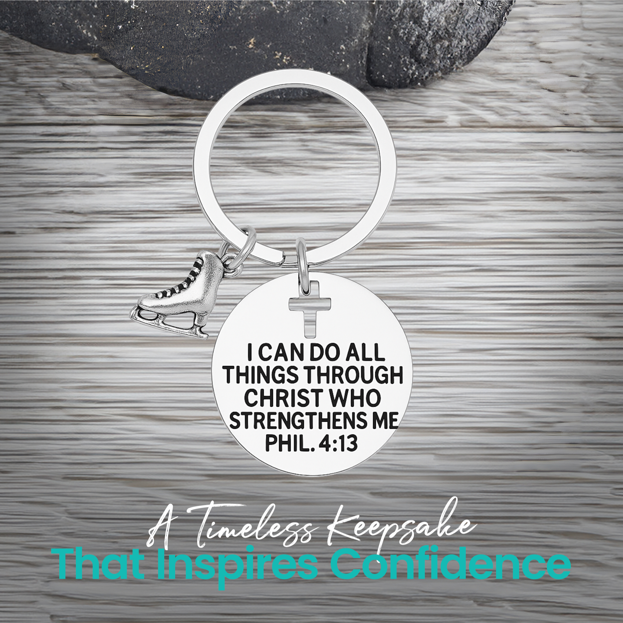 Inspirational Christian figure skating keychain with silver ice skate charm and cross