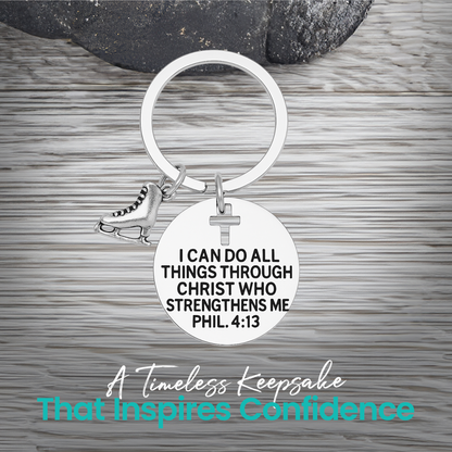 Inspirational Christian figure skating keychain with silver ice skate charm and cross