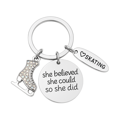 Inspirational silver-plated figure skating keychain with skate charm and quote pendant