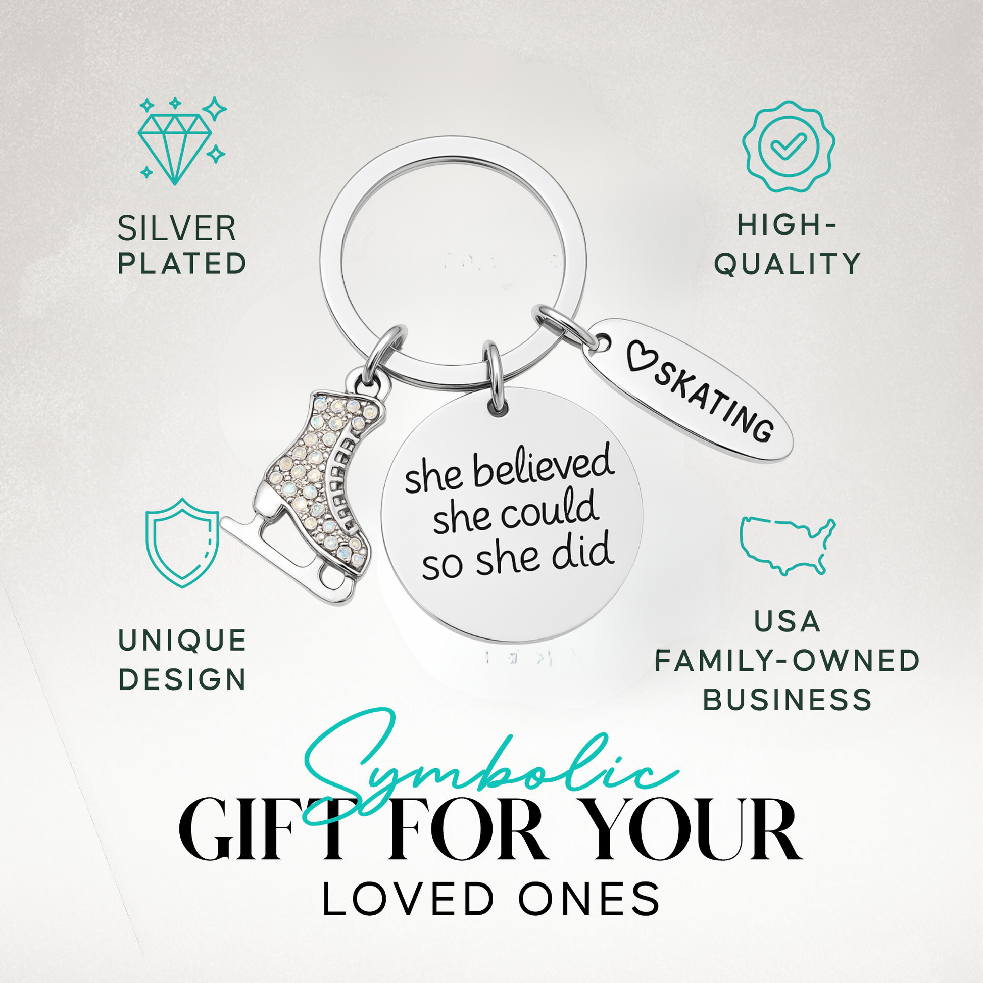 Figure skating charm keychain with inspirational quote in ready-to-gift packaging