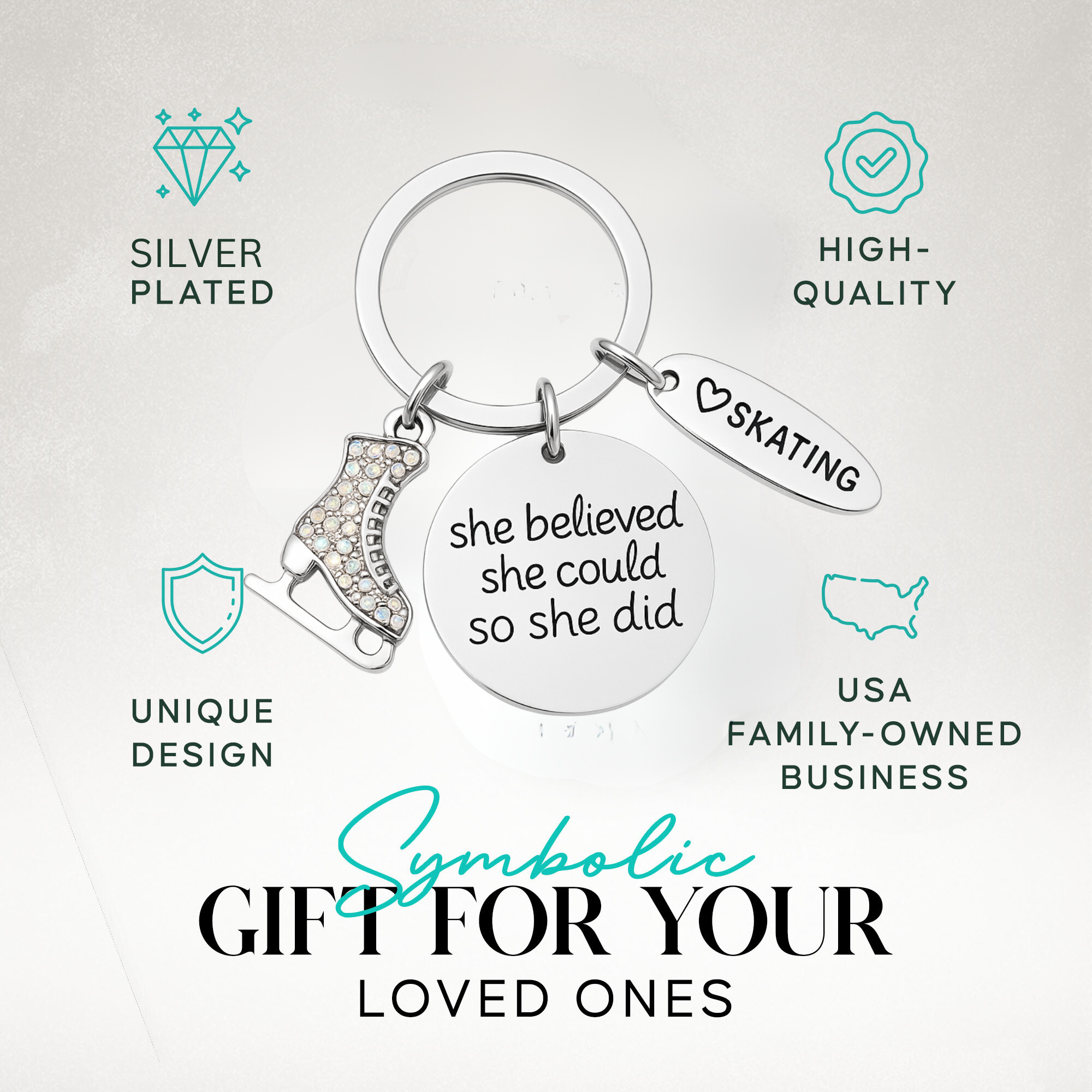 Figure skating charm keychain with inspirational quote in ready-to-gift packaging