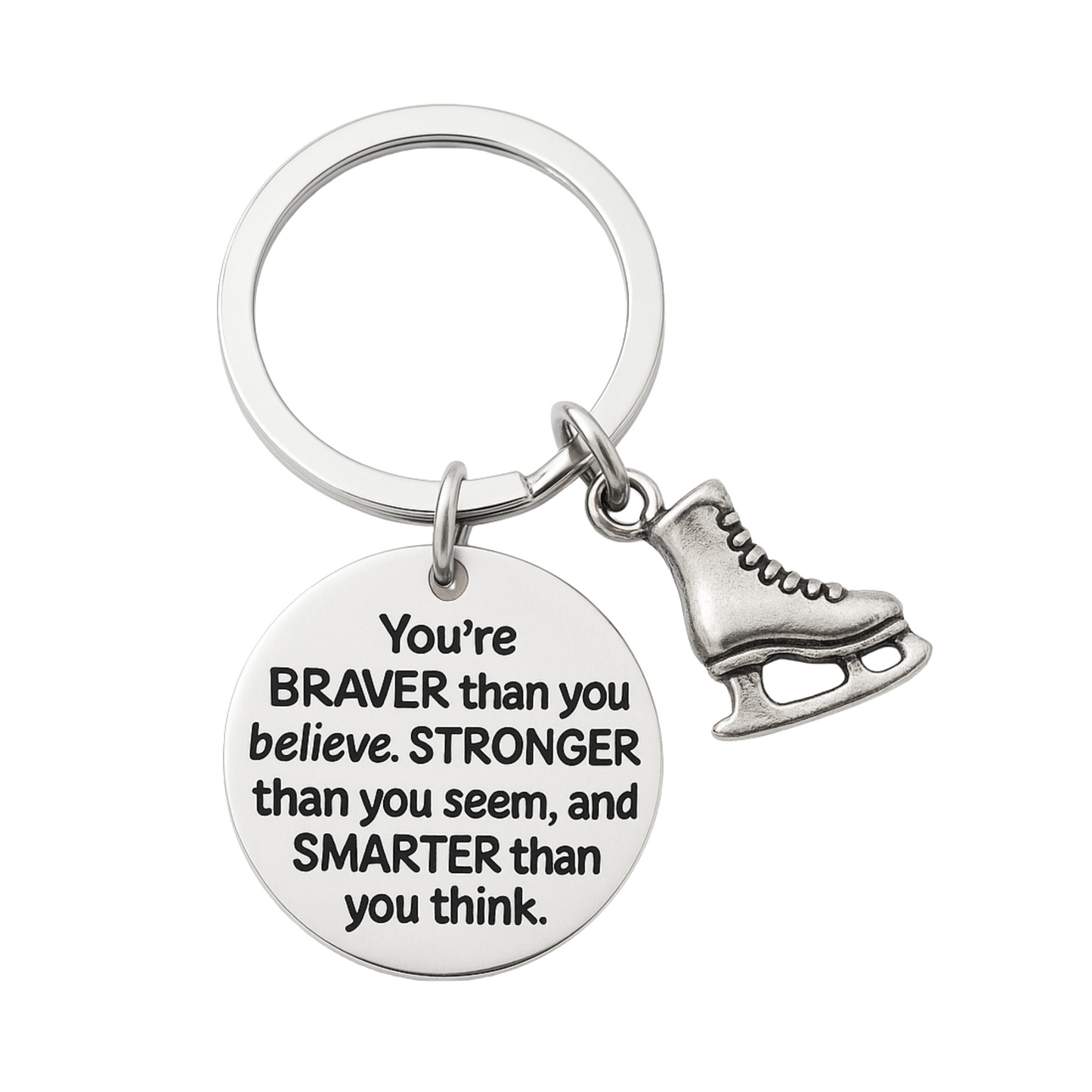 Silver-plated figure skating keychain with motivational engraved pendant and ice skate charm