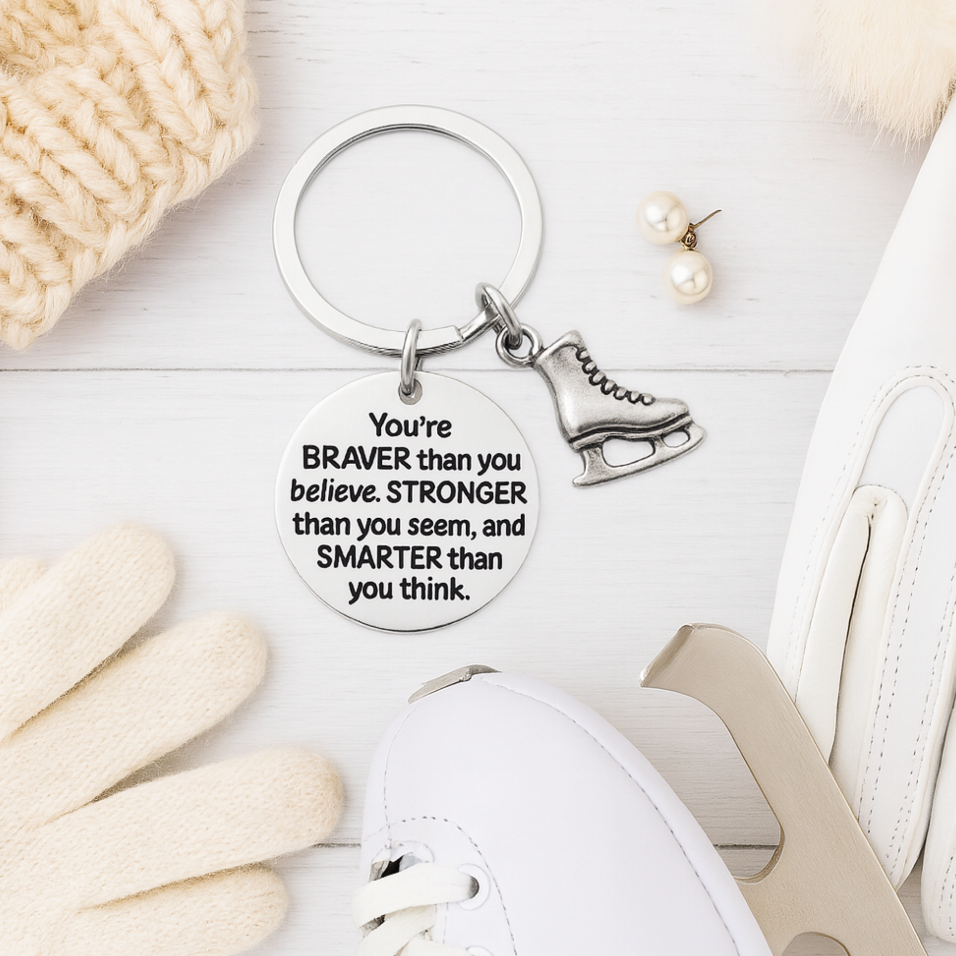 Inspirational figure skating keychain with engraved quote and skate charm displayed on neutral background