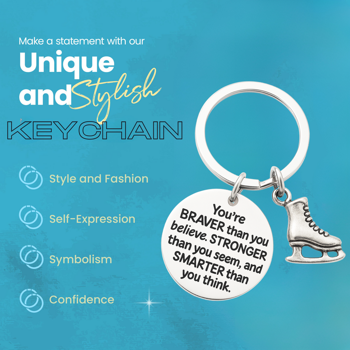 You’re Braver than You Believe figure skating keychain with ice skate charm on rustic wood background