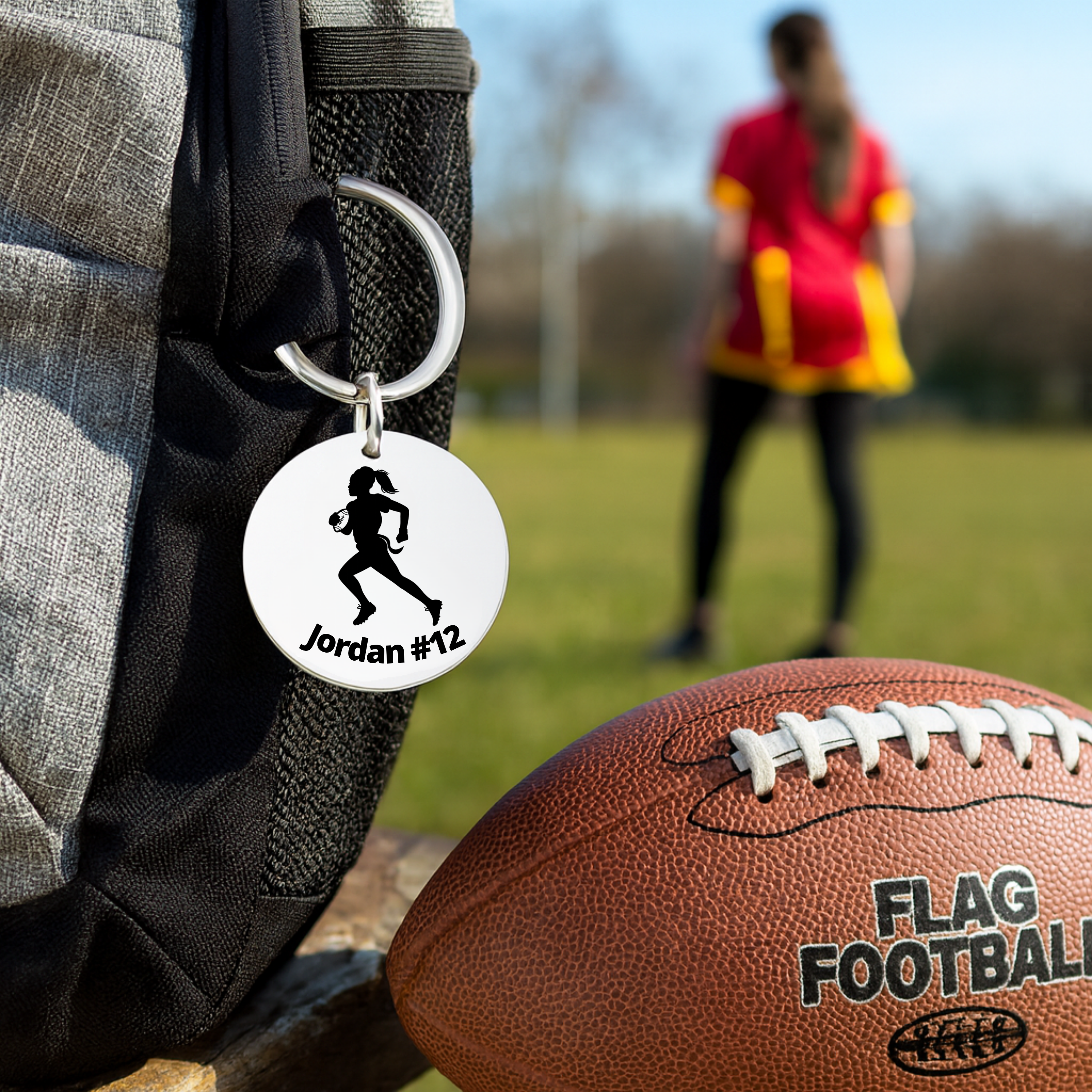 Personalized Flag Football Player Girl Keychain – Custom Engraved Gift