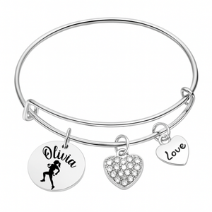 Personalized Flag Football Bangle Bracelet – Custom Name & Heart Charms