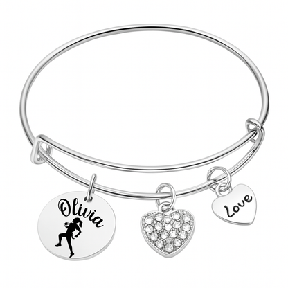 Personalized Flag Football Bangle Bracelet – Custom Name & Heart Charms