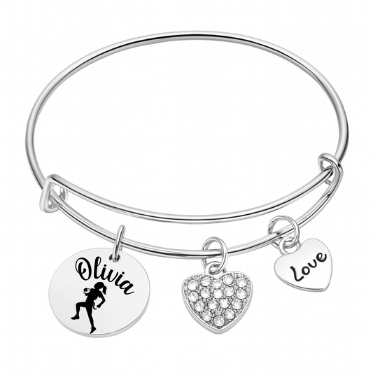 Personalized Flag Football Bangle Bracelet – Custom Name & Heart Charms