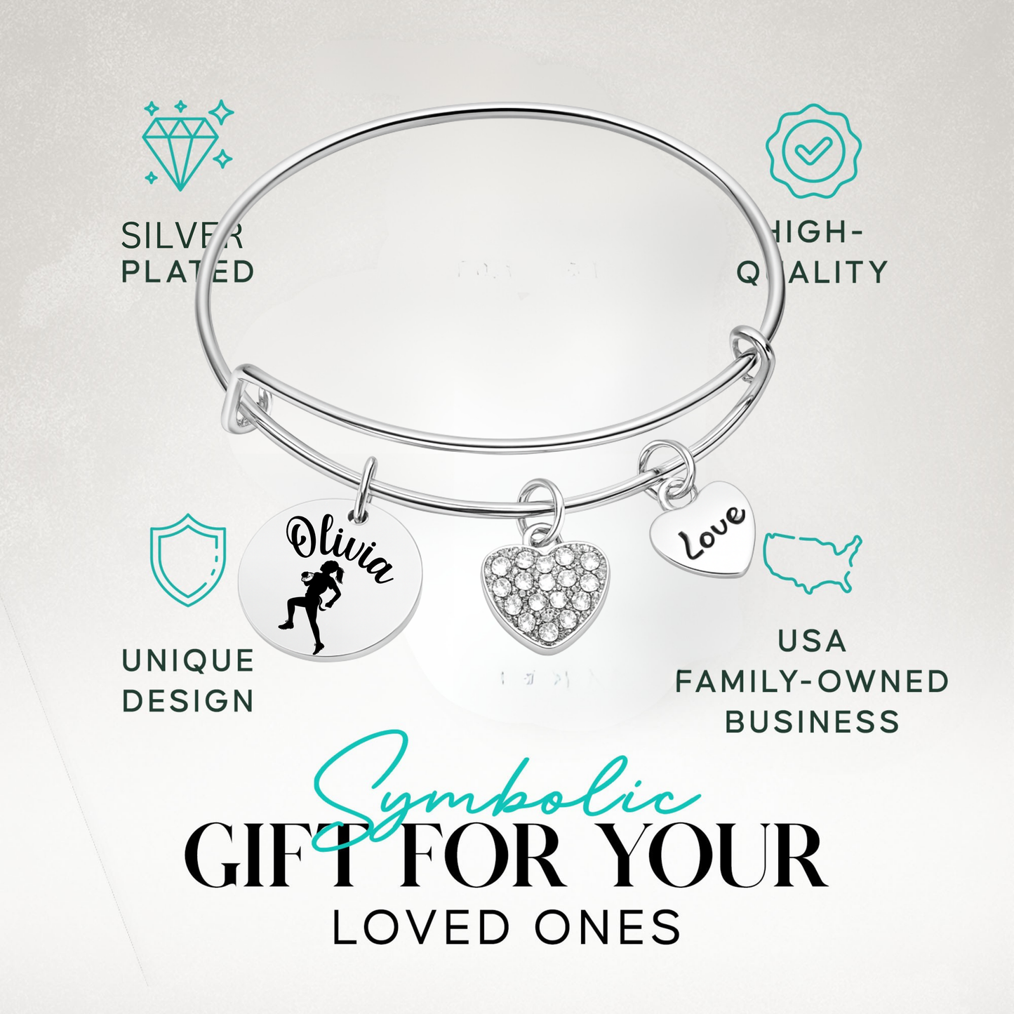Personalized Flag Football Bangle Bracelet – Custom Name & Heart Charms