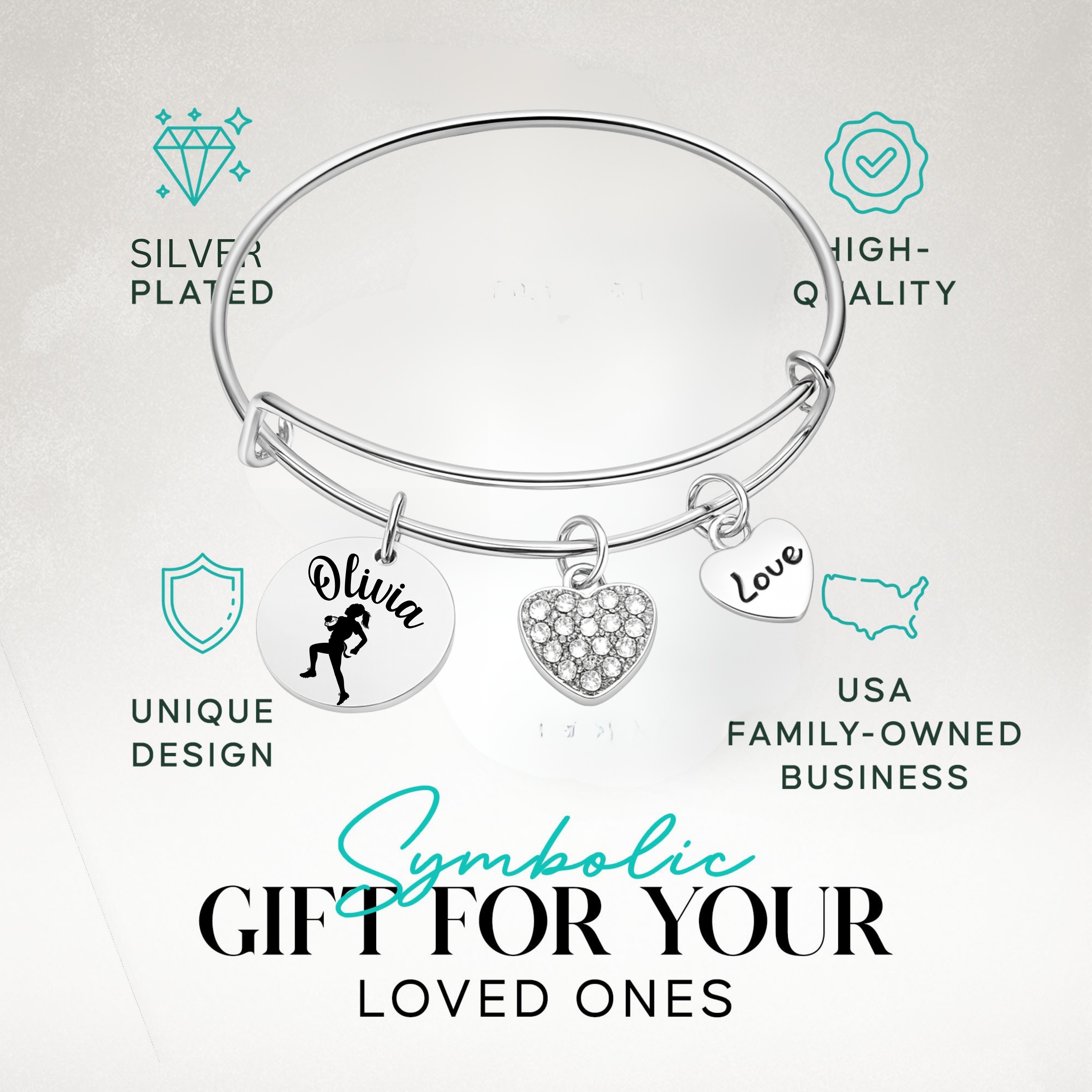 Personalized Flag Football Bangle Bracelet – Custom Name & Heart Charms