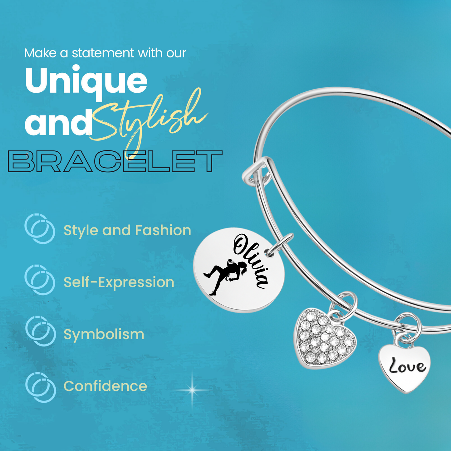 Personalized Flag Football Bangle Bracelet – Custom Name & Heart Charms