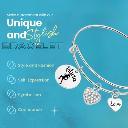 Personalized Flag Football Bangle Bracelet – Custom Name & Heart Charms