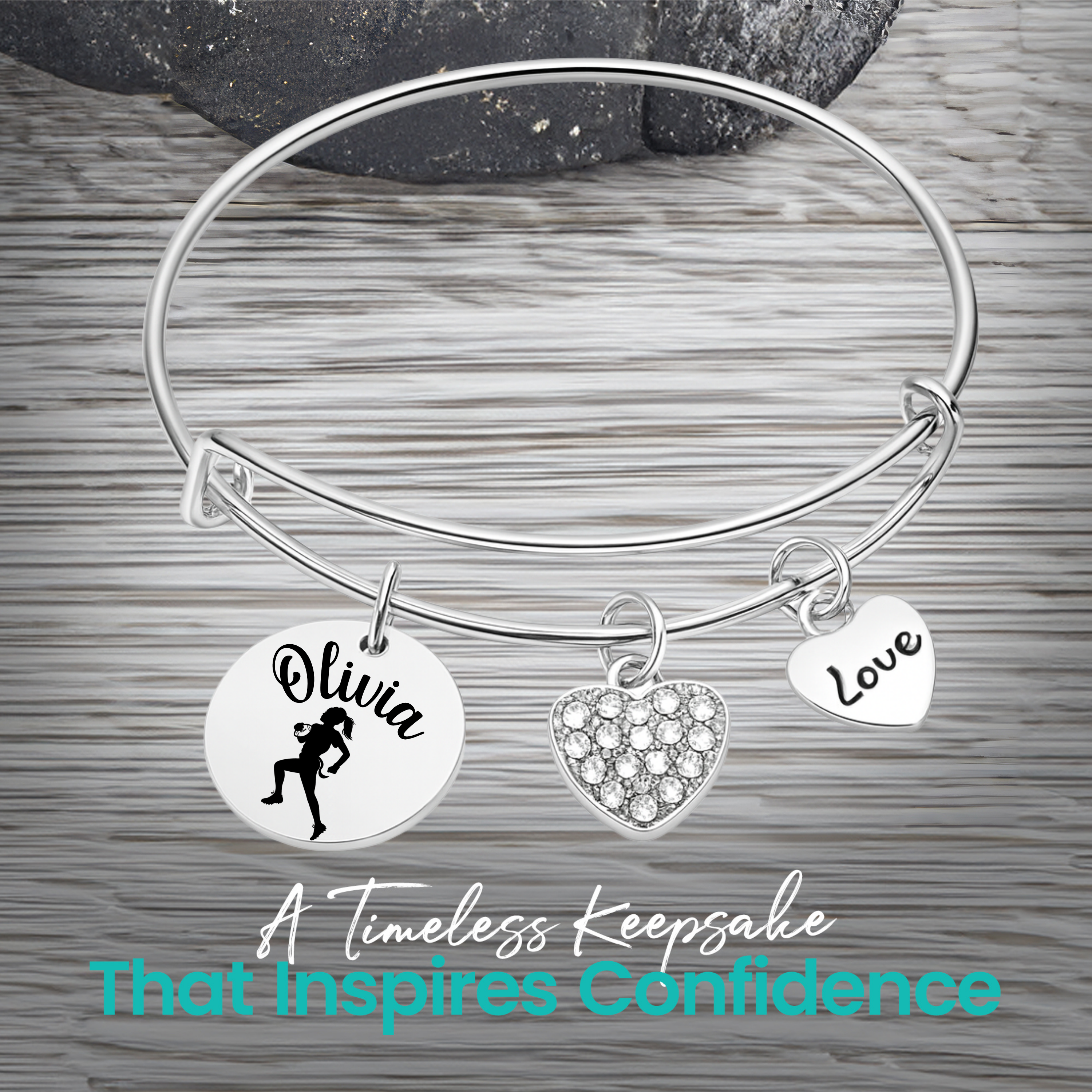 Personalized Flag Football Bangle Bracelet – Custom Name & Heart Charms