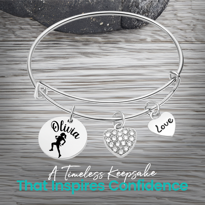 Personalized Flag Football Bangle Bracelet – Custom Name & Heart Charms