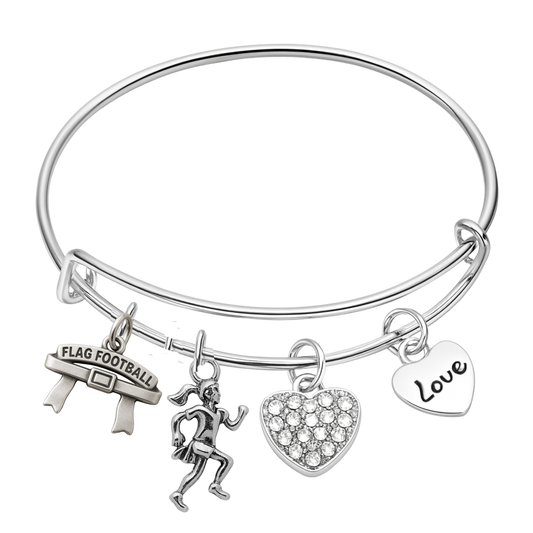 Flag Football Bangle Bracelet – Adjustable Silver Charm Jewelry Gift