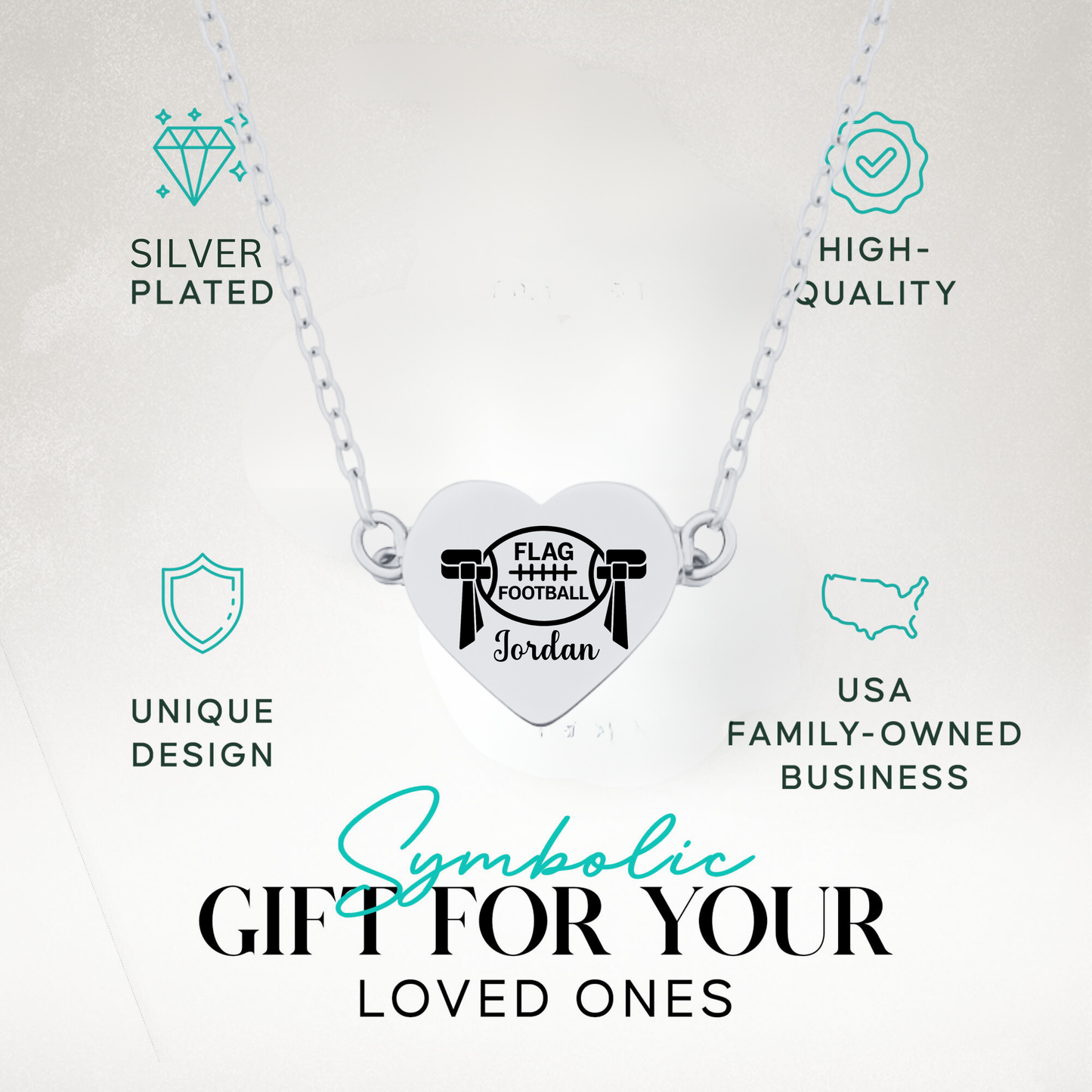 Personalized Flag Football Heart Necklace – Custom Engraved