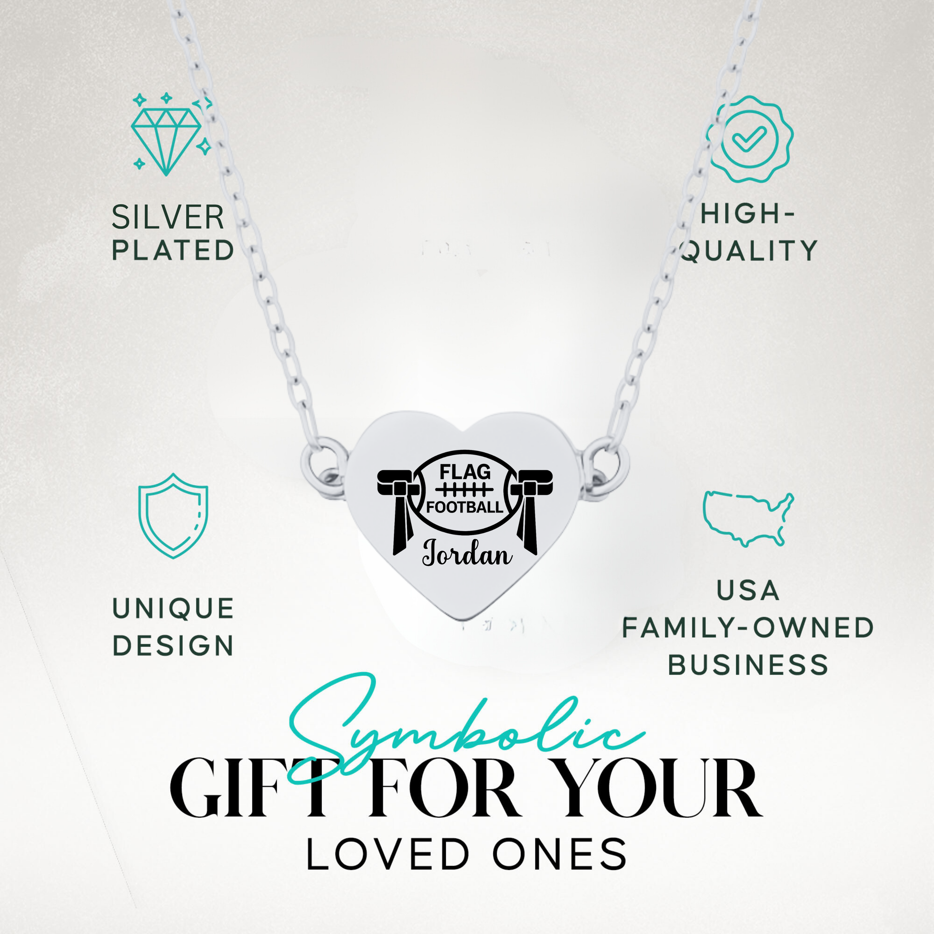 Personalized Flag Football Heart Necklace – Custom Engraved
