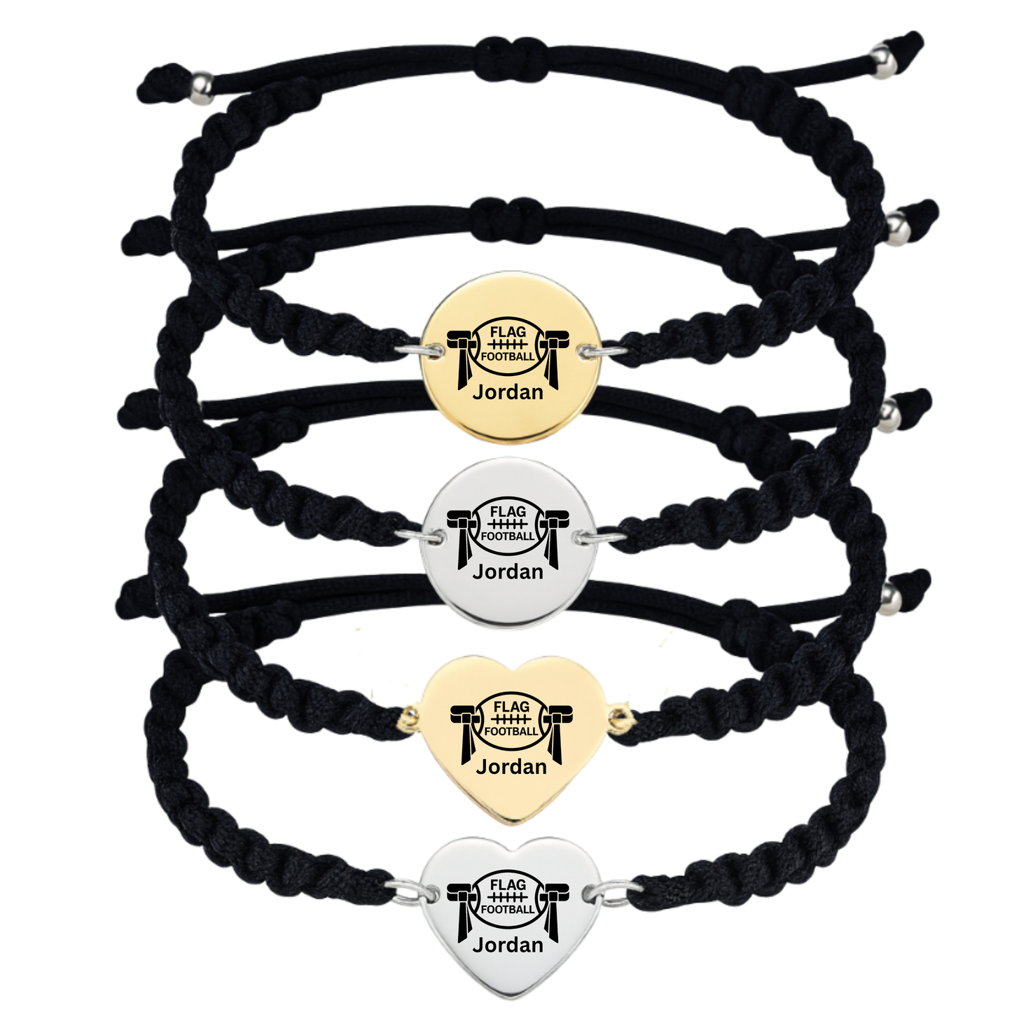 Personalized Flag Football Rope Bracelet – Gold or Silver | Heart or Round Shape