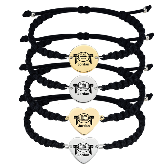 Personalized Flag Football Rope Bracelet – Gold or Silver | Heart or Round Shape