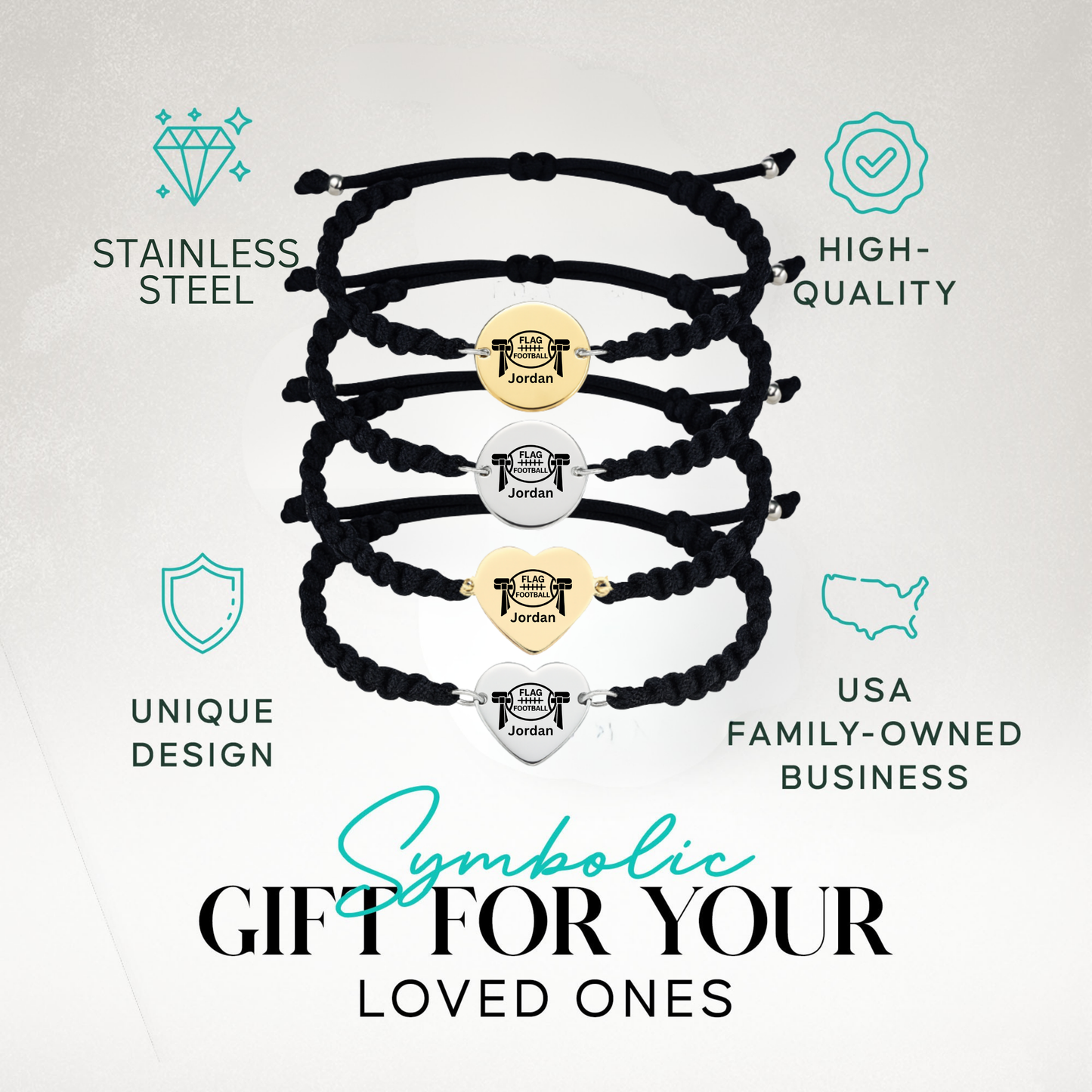 Personalized Flag Football Rope Bracelet – Gold or Silver | Heart or Round Shape