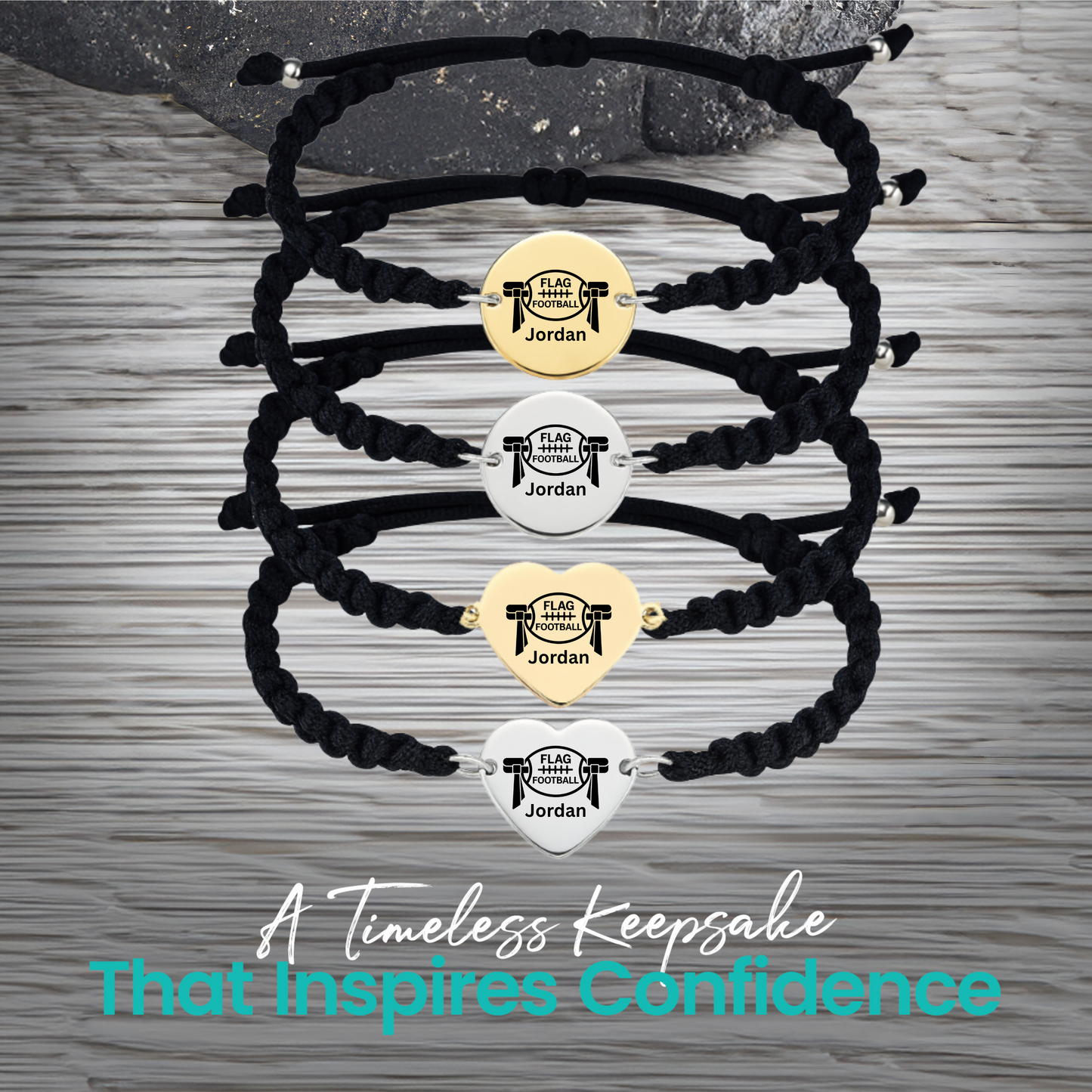 Personalized Flag Football Rope Bracelet – Gold or Silver | Heart or Round Shape