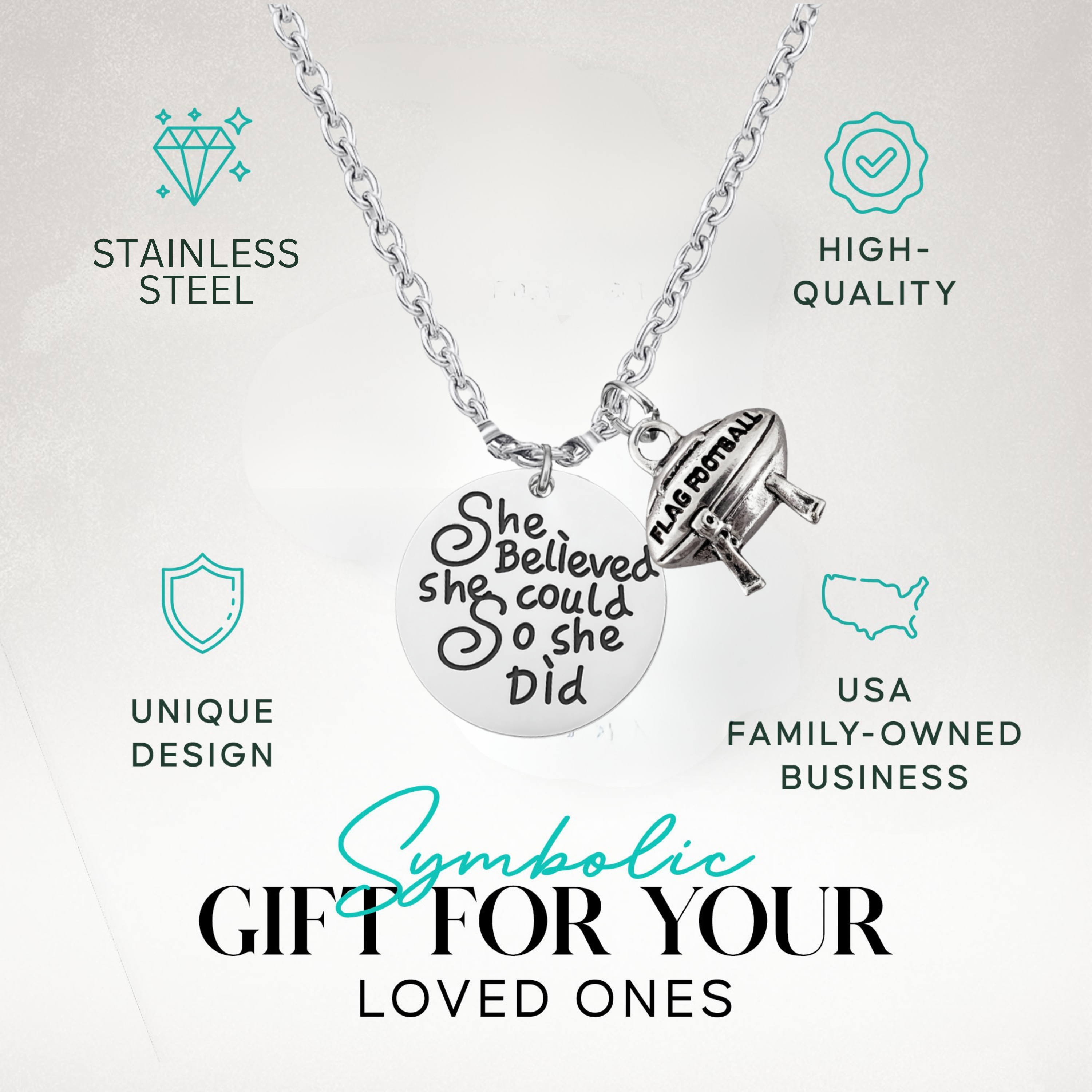 Flag Football Necklace – “She Believed She Could So She Did” Inspirational Jewelry