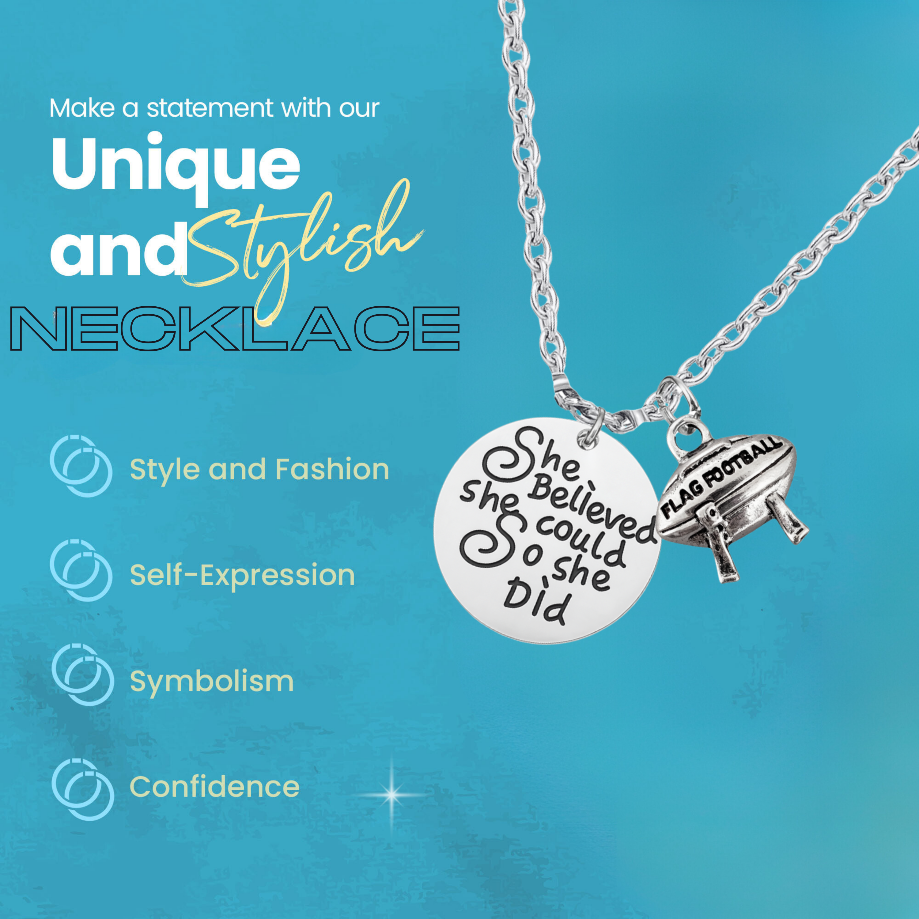 Flag Football Necklace – “She Believed She Could So She Did” Inspirational Jewelry