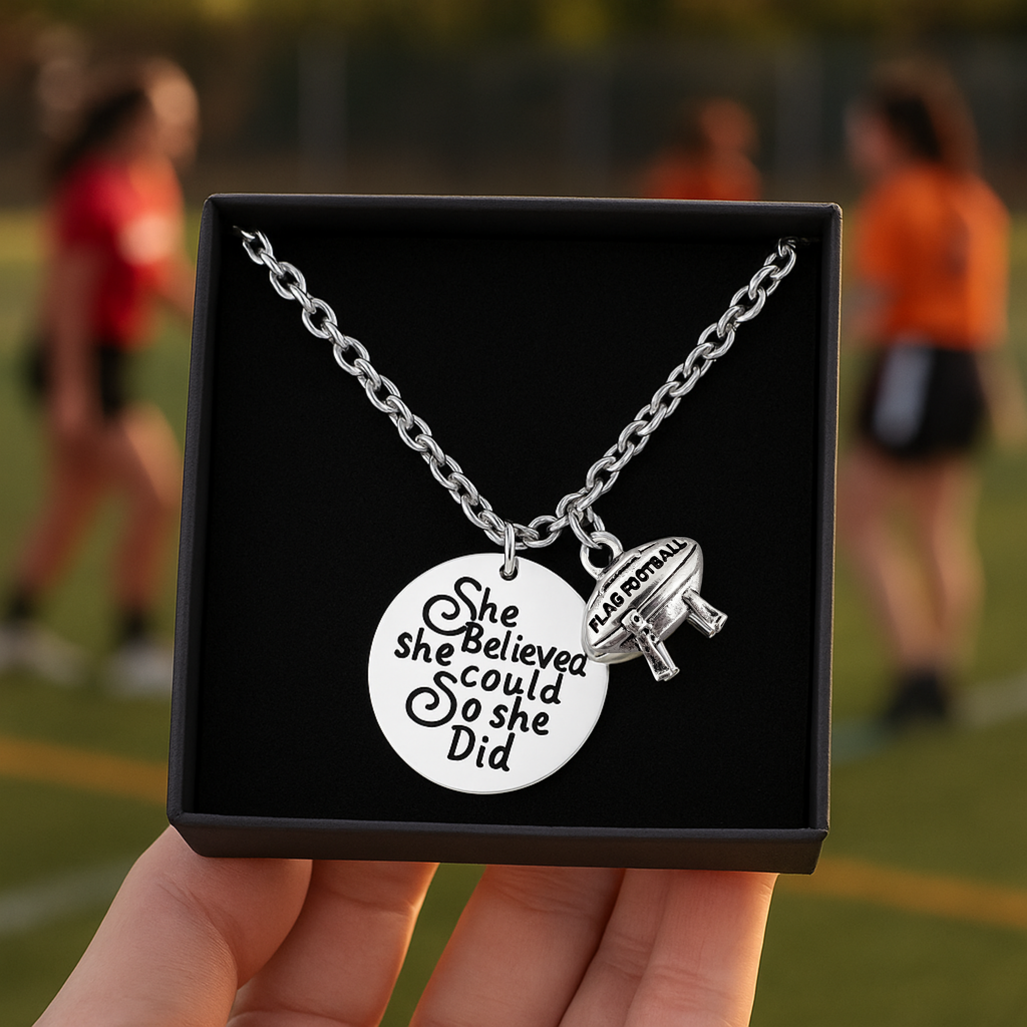 Flag Football Necklace – “She Believed She Could So She Did” Inspirational Jewelry