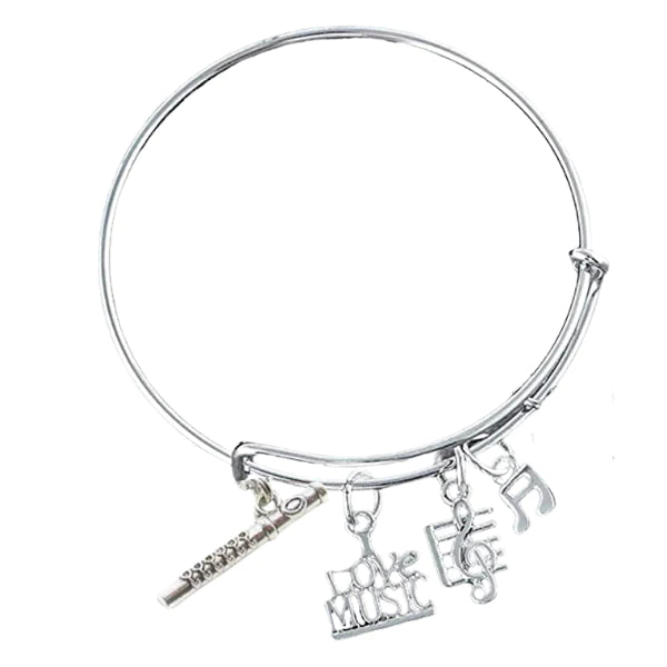 Personalized  Flute Charm Bangle Bracelet with Birthstone
