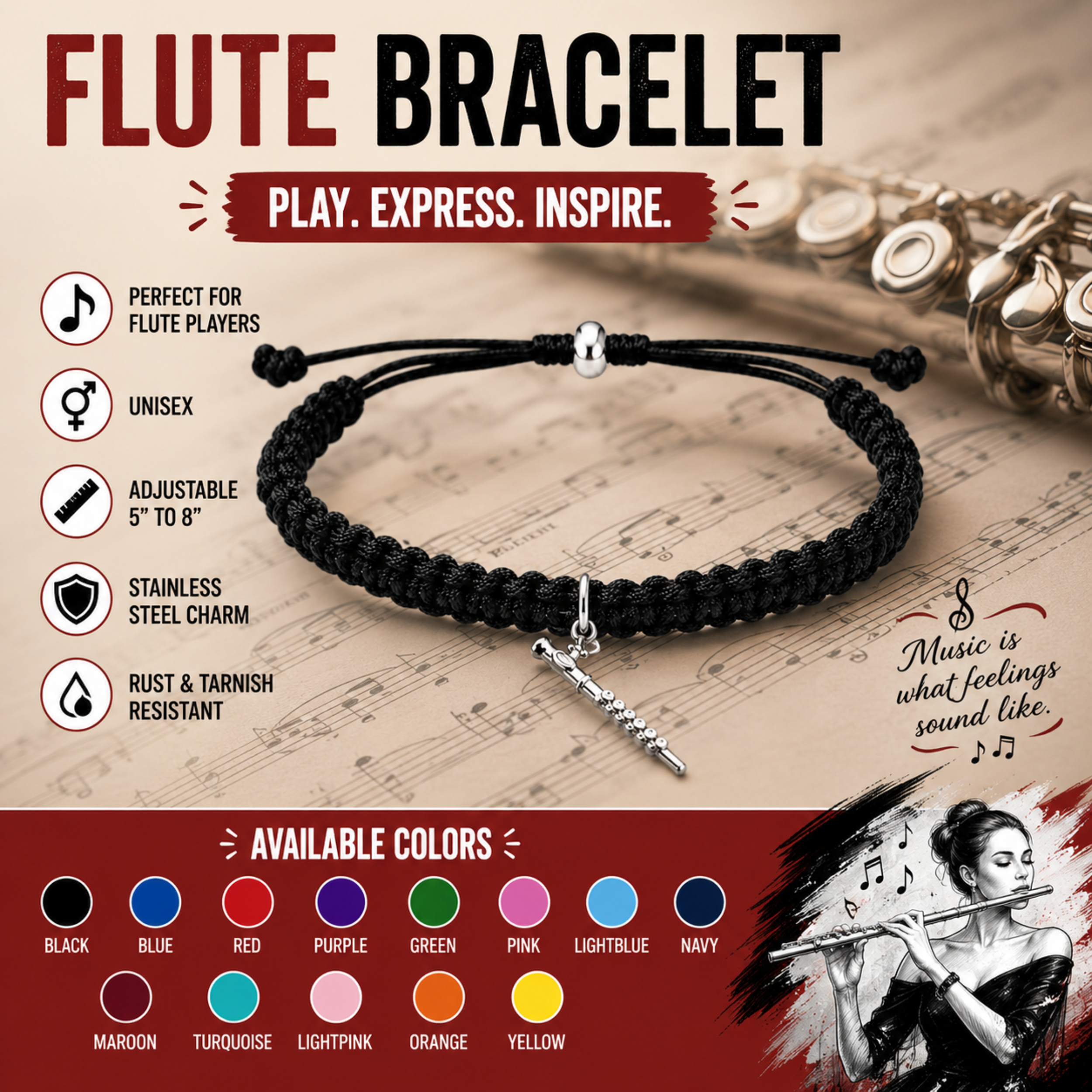 Flute Adjustable Charm Bracelet