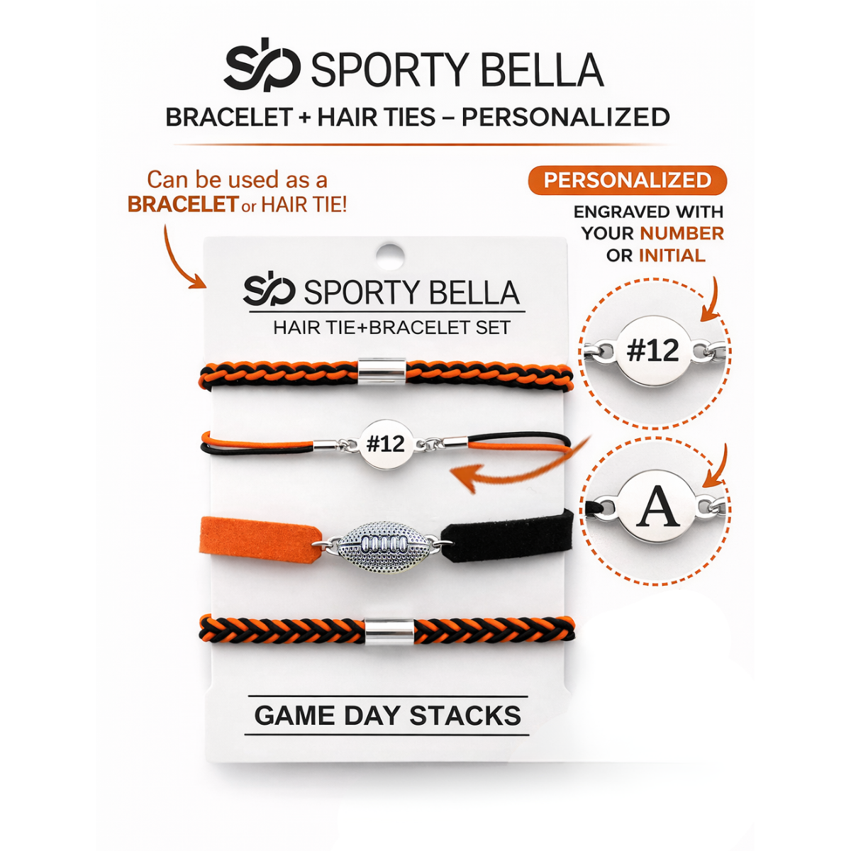 Personalized Football Hair Tie Bracelet Sets