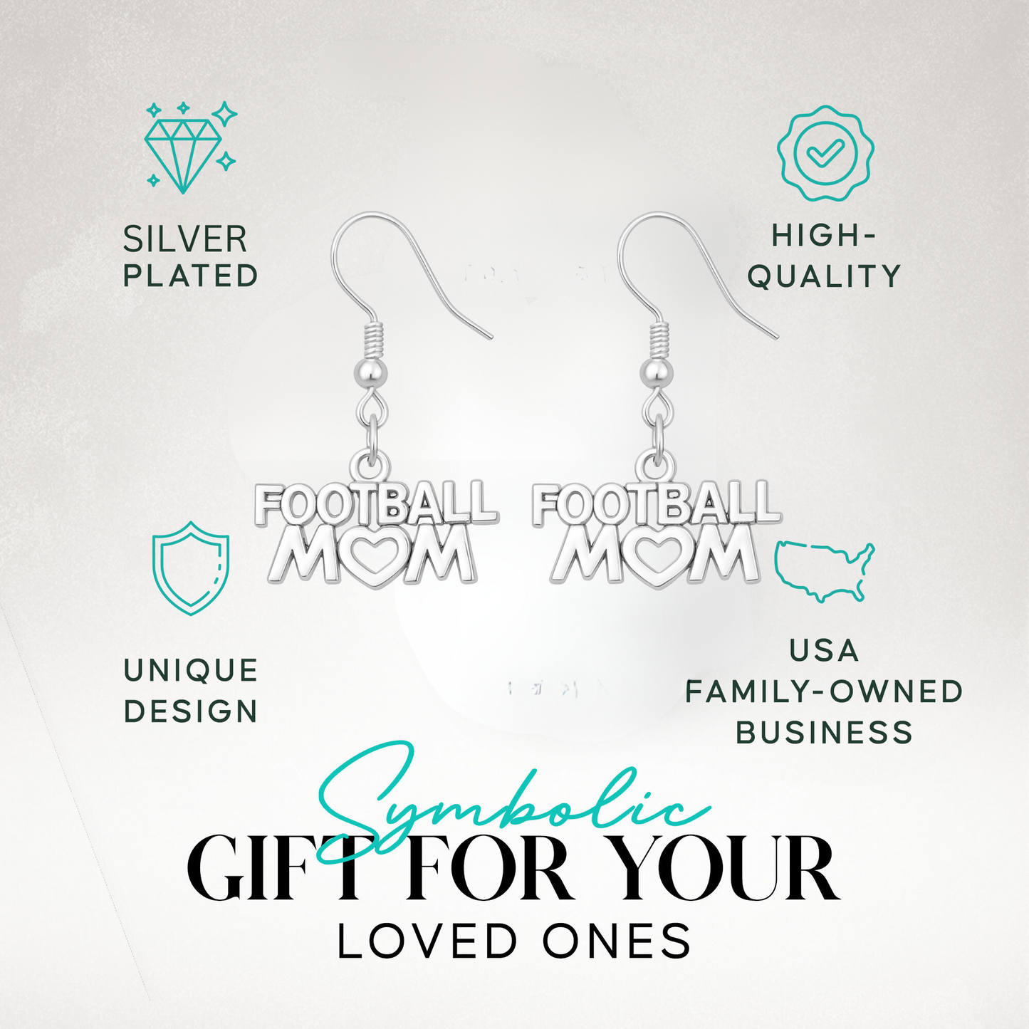 Football Mom charm earrings shown with text highlighting perfect gift idea