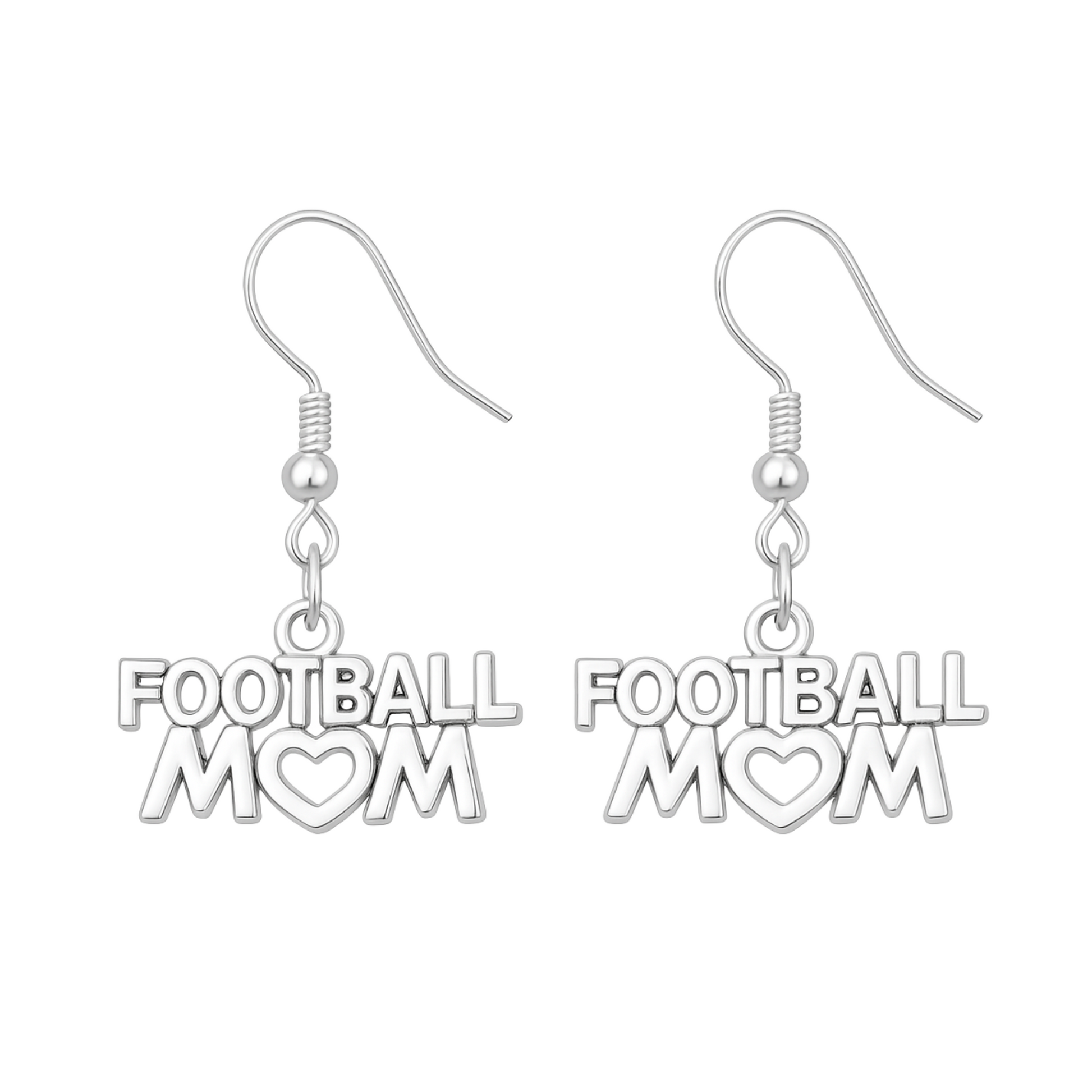 Silver Football Mom dangle earrings with football-shaped letter design
