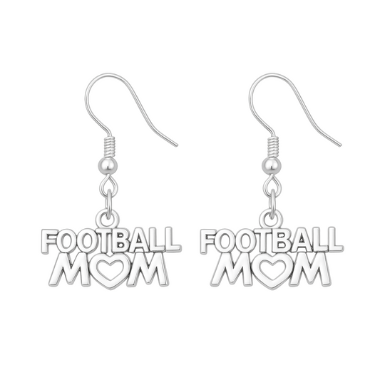 Silver Football Mom dangle earrings with football-shaped letter design