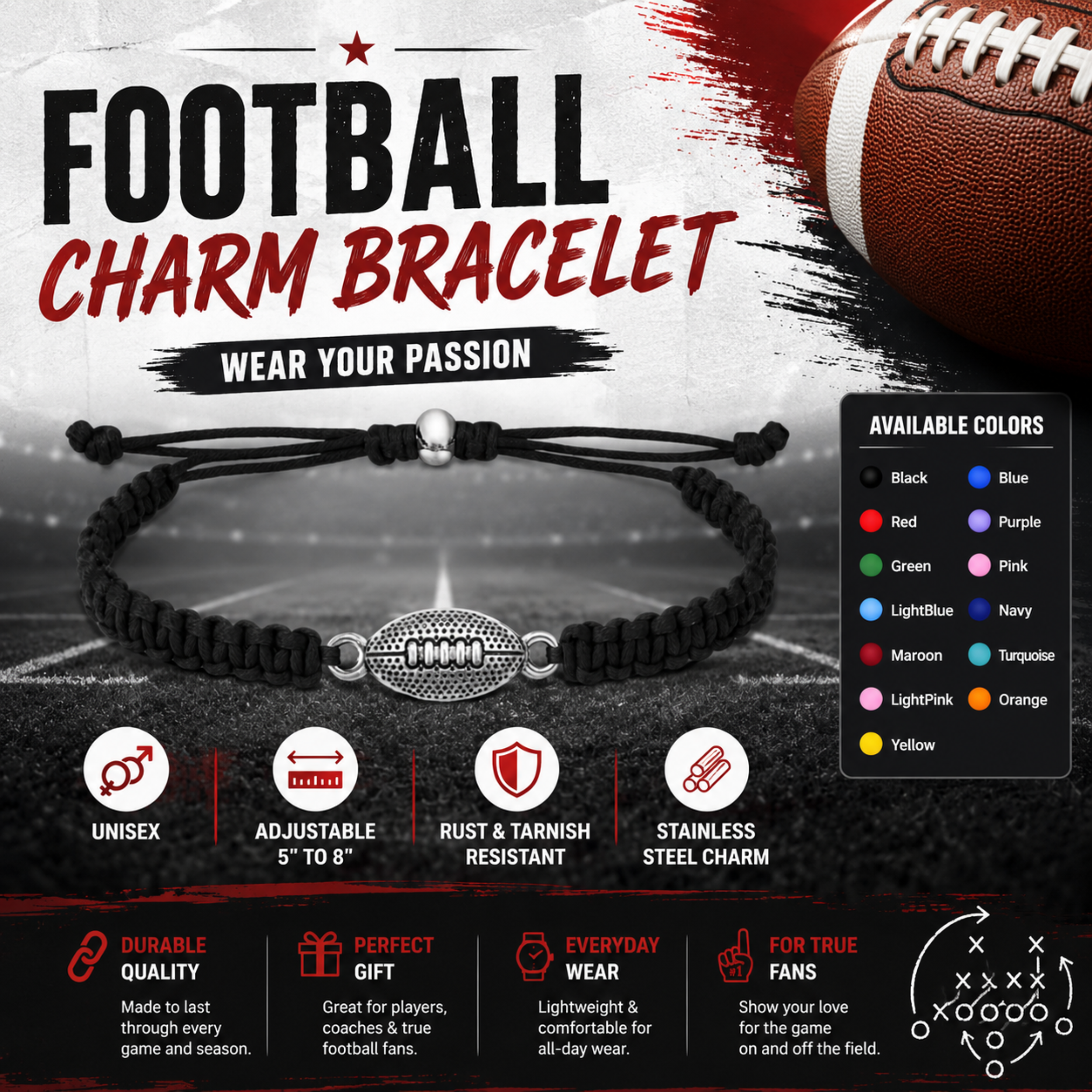 Flag Football Rope Bracelet - Pick Color