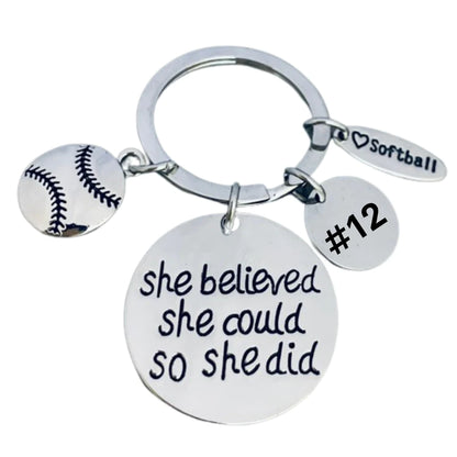 Girls Personalized Softball Round Keychain with Number Engraved Charm