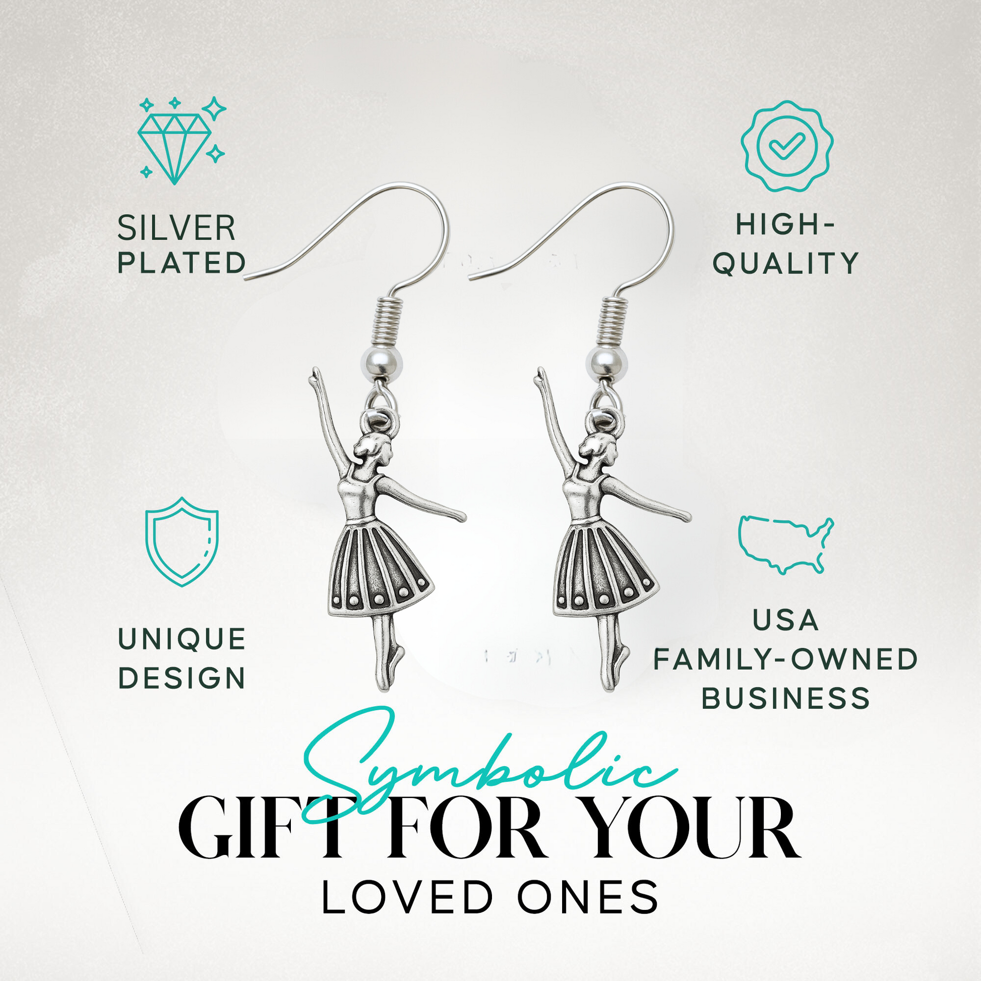  Gift-ready packaging image with icons for hypoallergenic and durable dance earrings