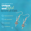Product feature image showing ballerina earrings on a blue background with “unique and stylish” label