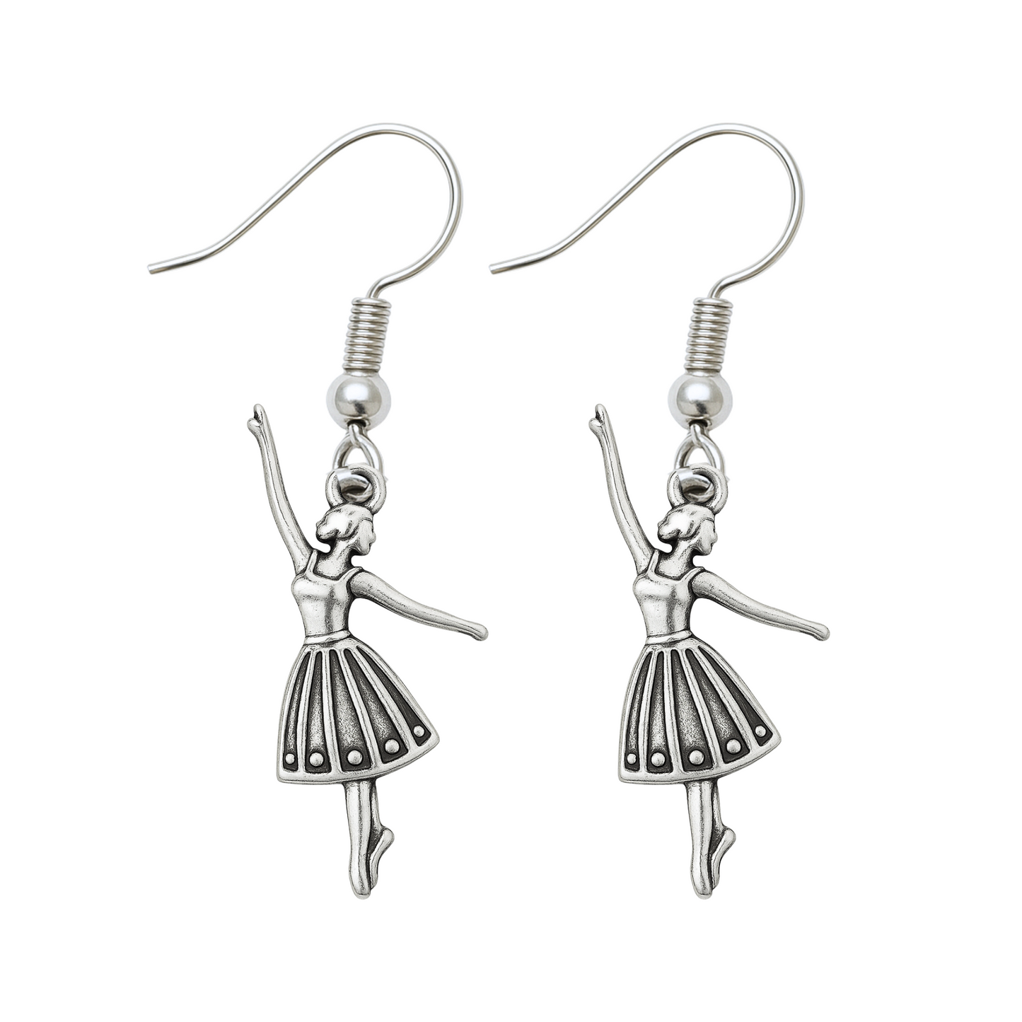 Silver-tone ballet dancer dangle earrings with stainless steel hooks for dance lovers and recital gifts