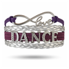 Infinity love dance bracelet with purple, silver, and white braided bands and rhinestone "DANCE" charm, perfect for dancers and teams
